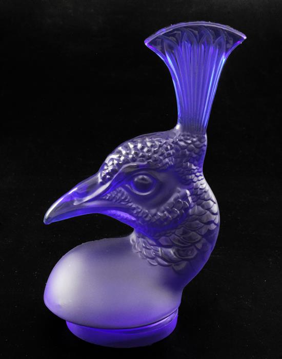 Tête de Paon/Peacocks head. A glass mascot by René Lalique, introduced on 3/2/1928, No.11876 Height 17.4cm.